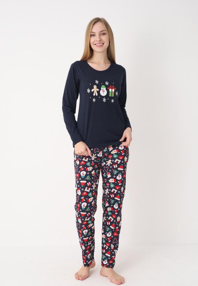Pijama dama Craciun,maneca lunga si pantaloni lungi,imprimeu figurine festive, En-gros
